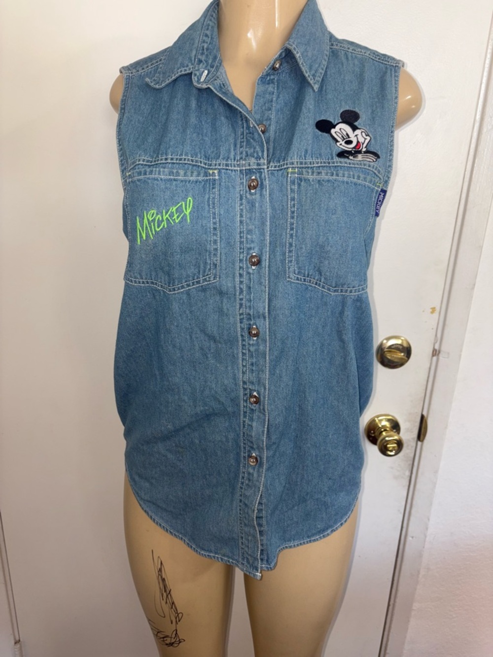 Vintage Mickey Mouse Unlimited Jerry Leigh Button Down Sleeveless Denim Top  S